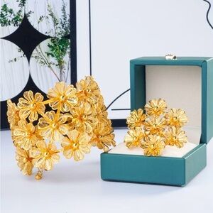 Gold Floral Jewelry Set Bracelet and Ring